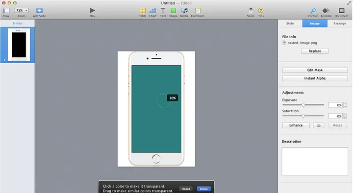 Phone mockup with a dark green background on Keynote slide