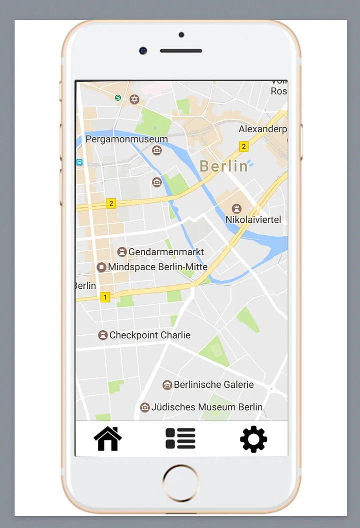 A phone mockup with a map screen and bottom navigation