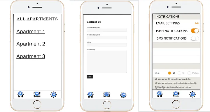 Three phone screens showing apartment listing, contact form and settings page