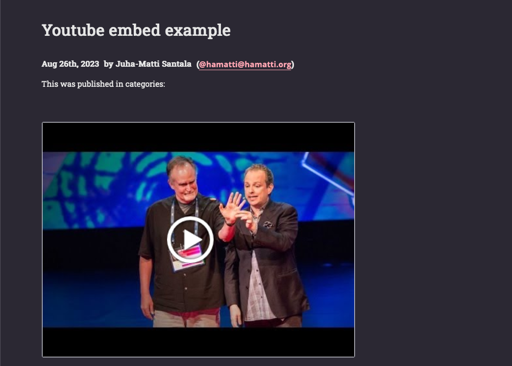 Screenshot of this blog showing article Youtube embed example with a video thumbnail of Apollo Robbins’ TED talk and a play button on top of it 