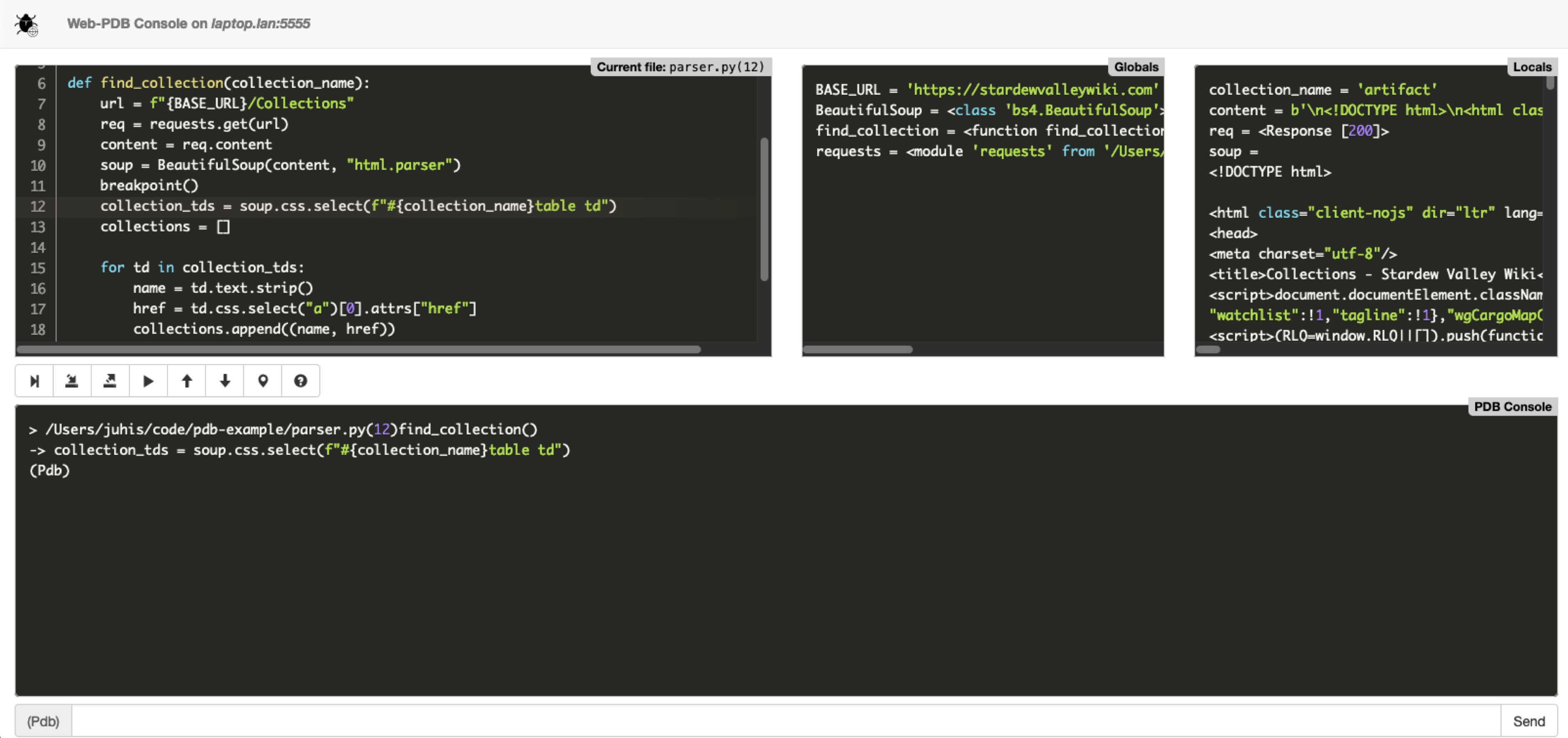 web-pdb debugger active on a browser with four panes: code, globals, locals and pdb console 