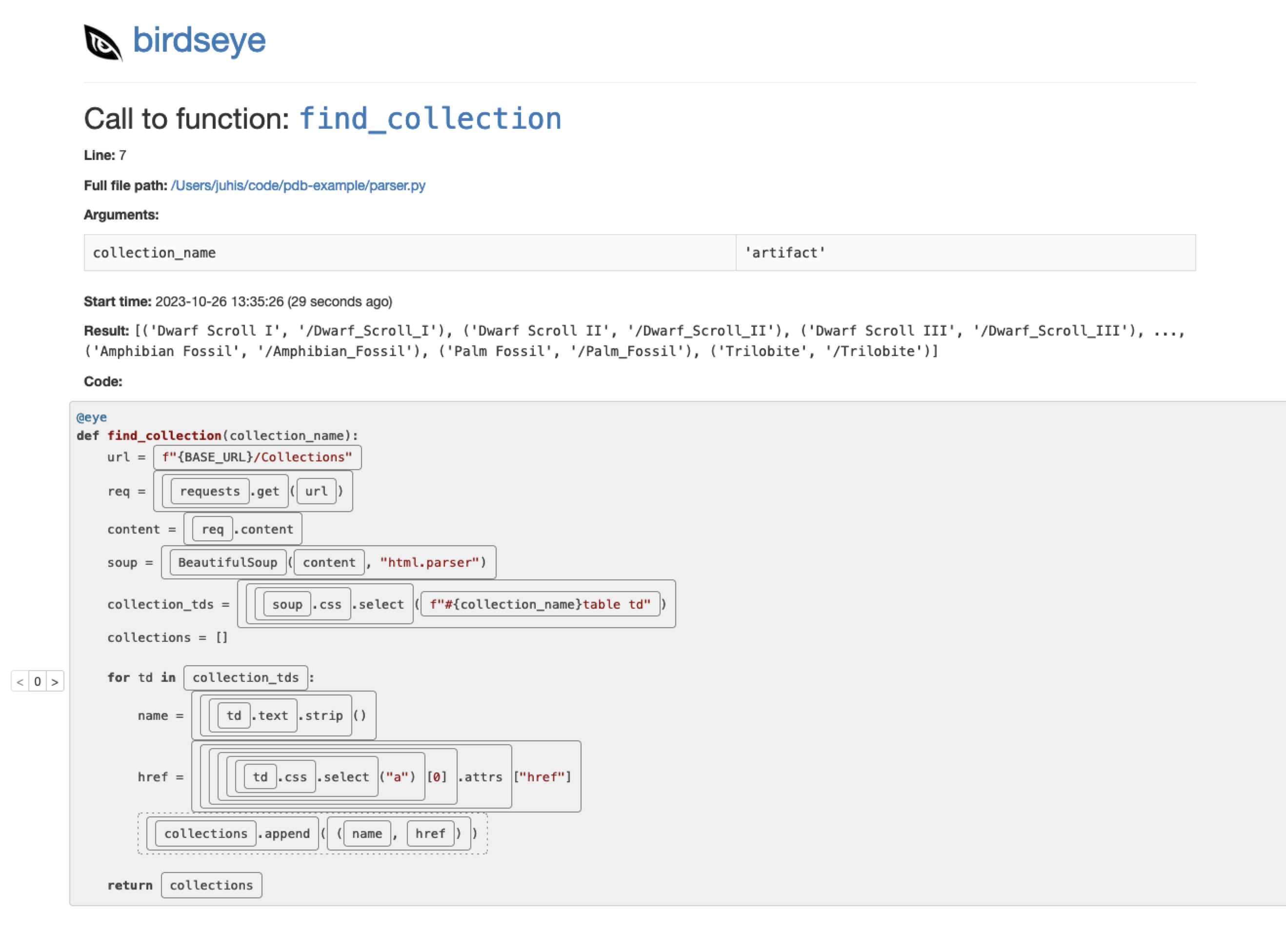 Birdseye report with find_collection function having run once with each expression in the code surrounded by a rectangle. 