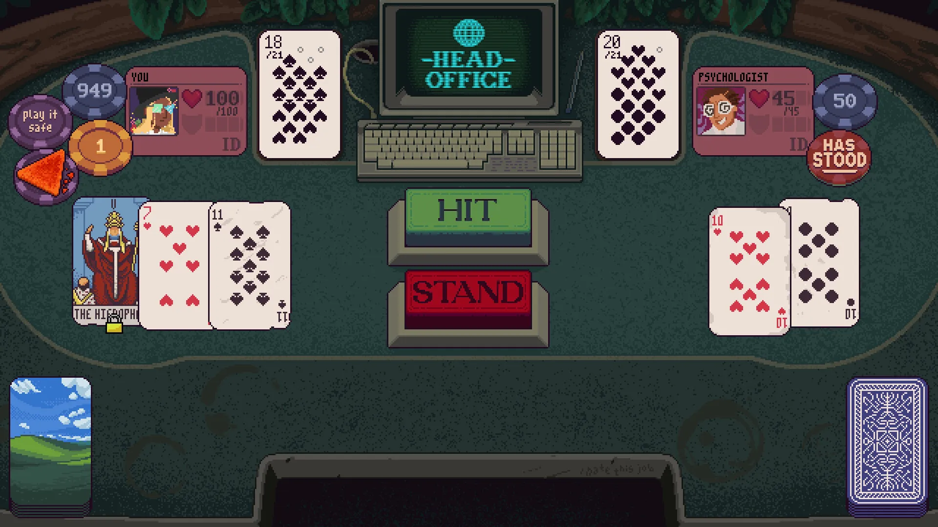 Screenshot of Dungeons & Degenerate Gamblers with the player at 18 and the opponent, a psychologist, standing at 20. 