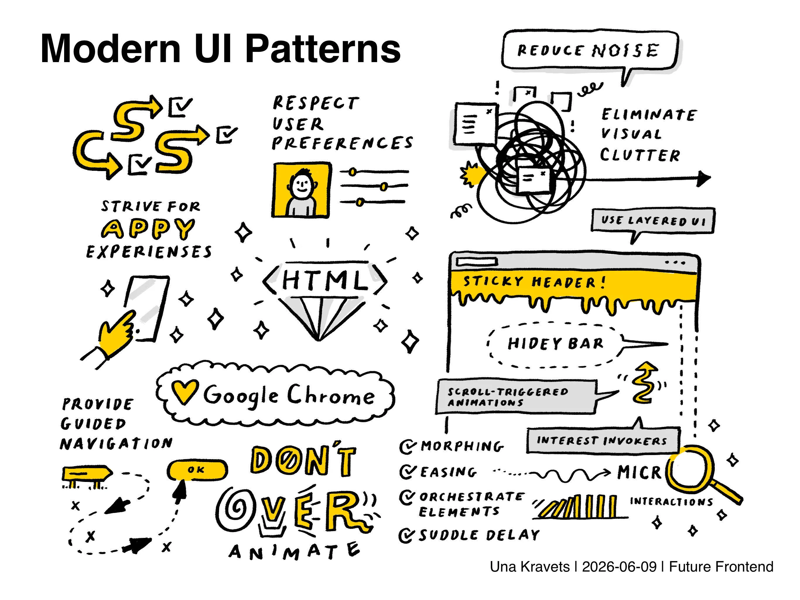 A live scribble sketch for Una’s talk with multiple small illustrations and accompanied descriptions or labels: Respect user preferences. Reduce noise. Eliminate visual clutter. Provide guided navigation. Don’t overanimate.  