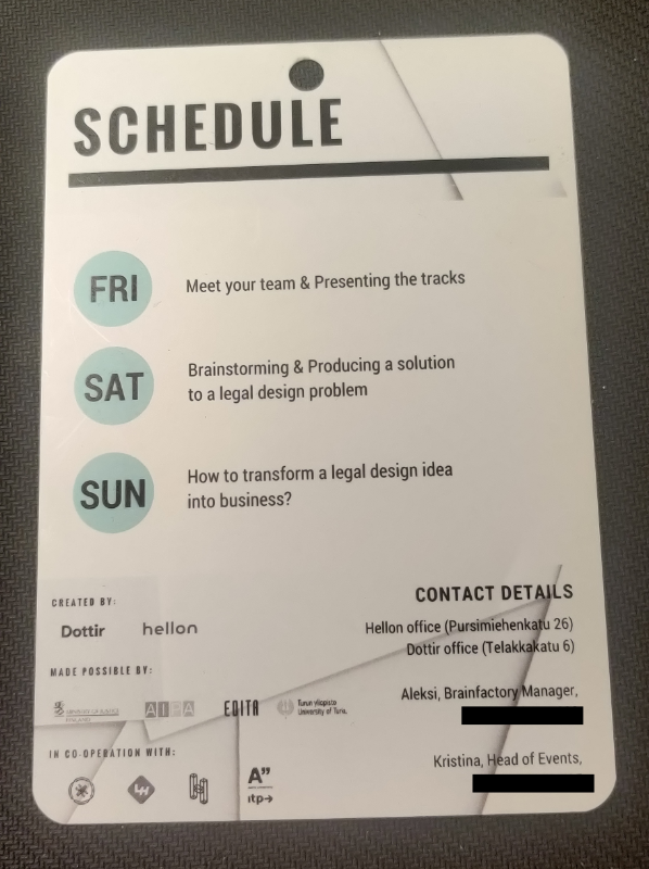 A backside of a hackathon badge with schedule overview for Friday through Sunday, sponsor logos and contact details with phone numbers censored with black bars. 