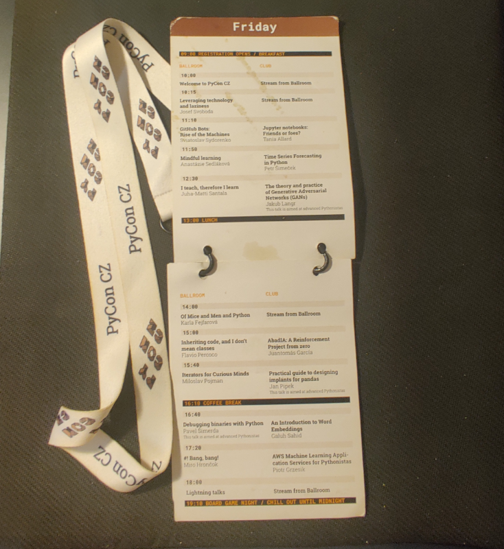 A two-page inside of a conference badge with schedule of Friday with two tracks. 