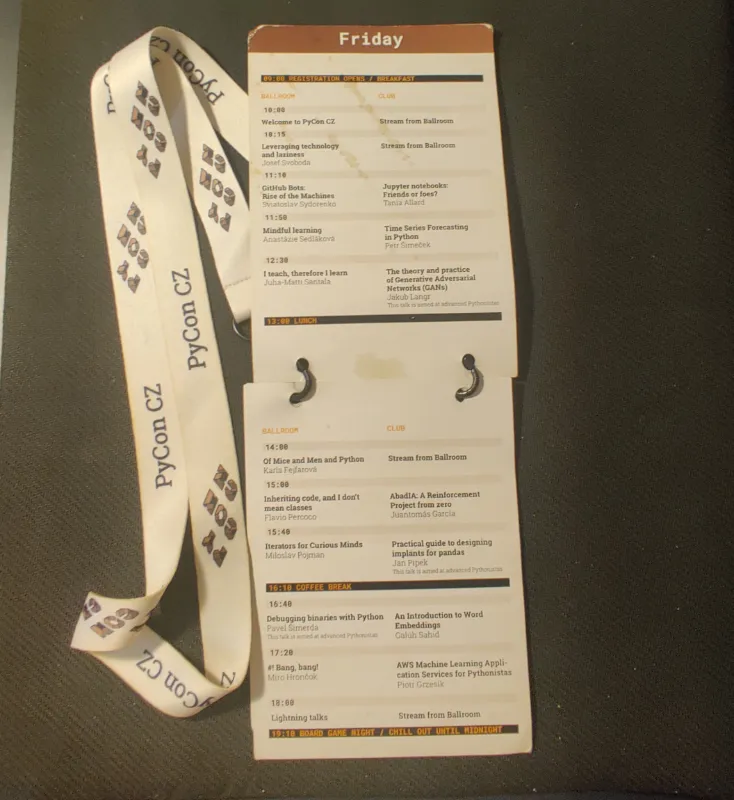 A two-page inside of a conference badge with schedule of Friday with two tracks. 