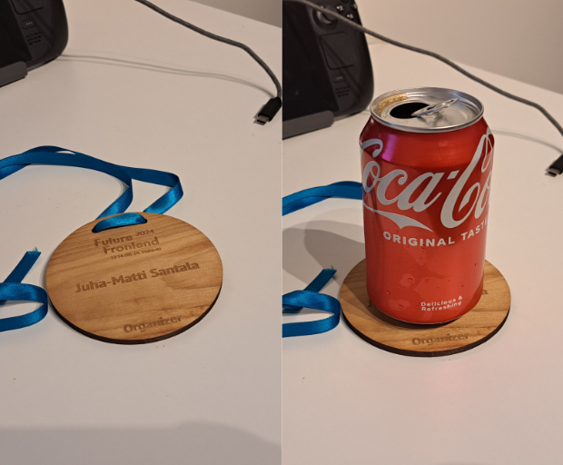 A wooden round coaster on the left without anything on top and on the right with a coke can on top 