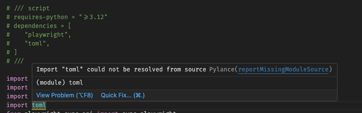 VS Code screenshot of a Python project that includes toml as dependency in PEP 723 style inline script but when imported, Pylance complains it cannot be resolved.