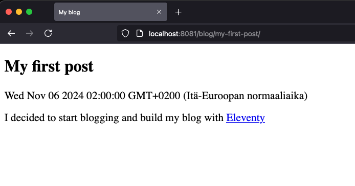 Website with a heading My first post, a date in long format Wed Nov 06 2024 02:00:00 GMT+0200 (Itä-Euroopan normaaliaika) and a single line of text 