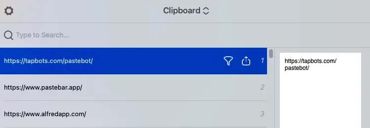 Pastebot UI with a search input and three items: tapbots.com, pastebar.app and alfredapp.com with a preview pane on the right side.