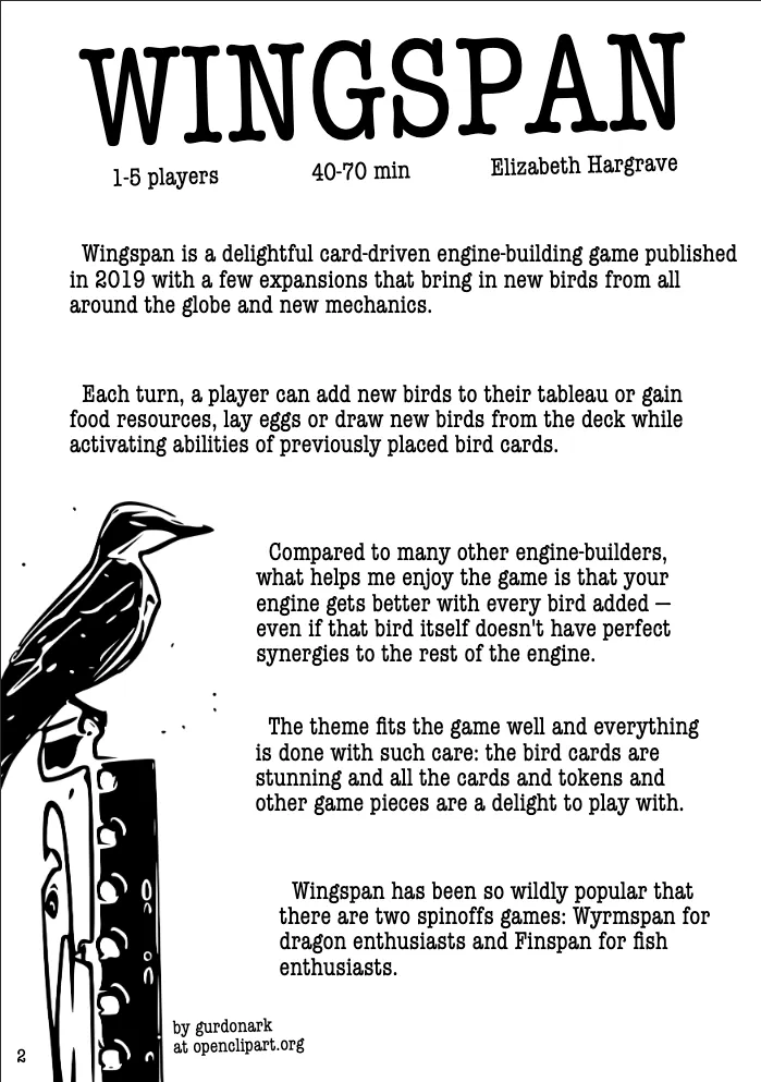 Zine page about Wingspan board game with five paragraphs of text and a black-and-write illustration of a bird sitting on top of a post. 
