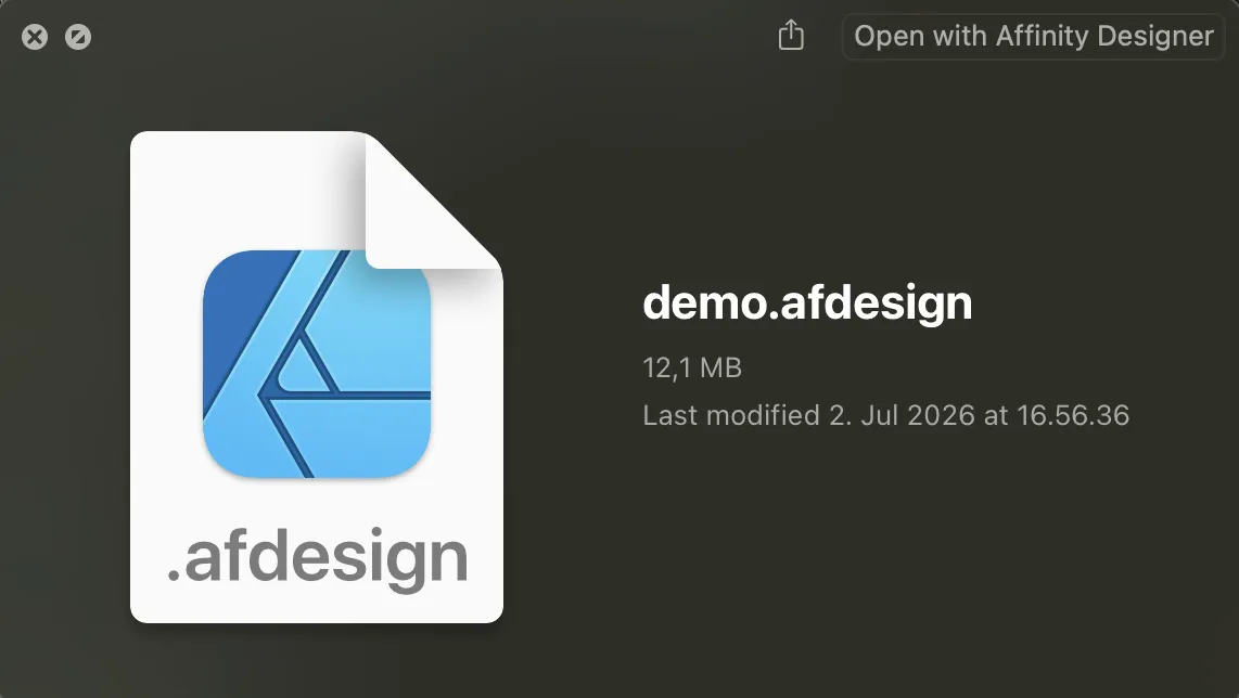 MacOS preview info box for file demo.afdesign that’s 12.1MB and last modified July 2nd, 2026. 