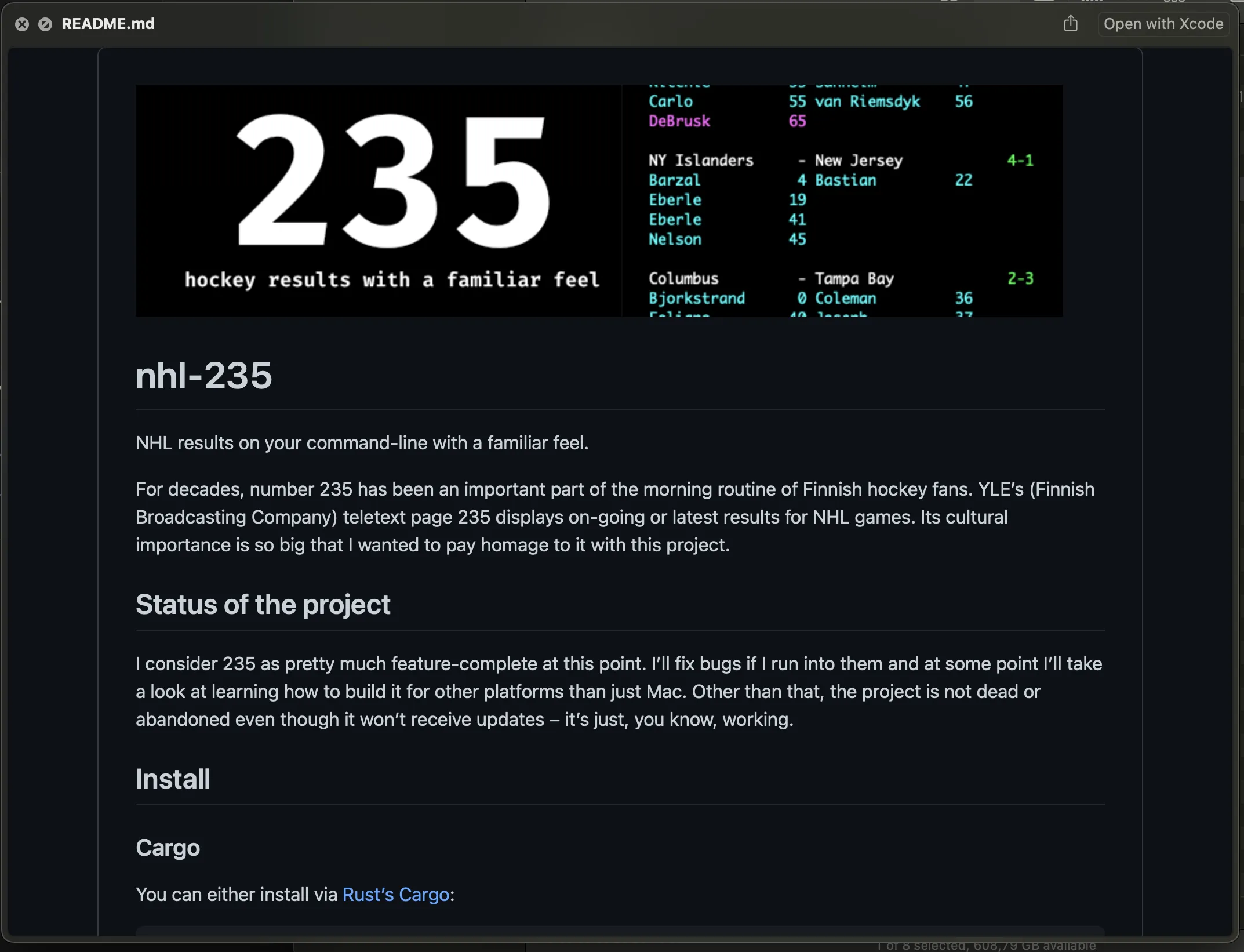 MacOS preview for readme.md file with Markdown rendered, rendering an image, headings and clickable links. 