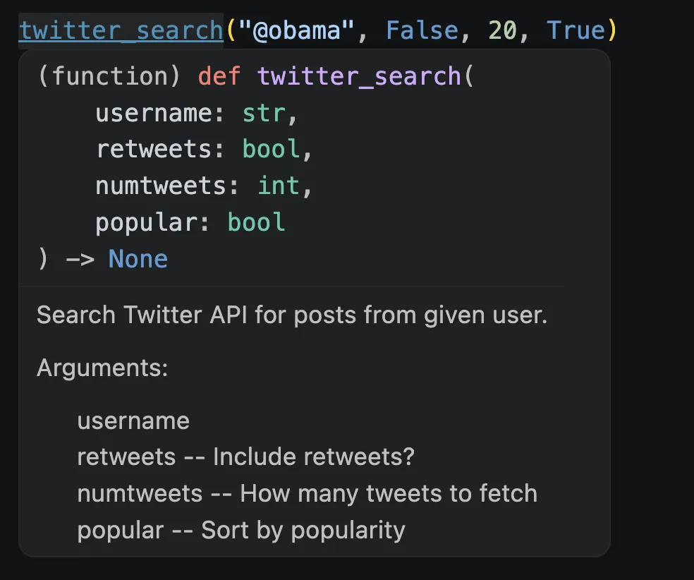 Screenshot from VS Code, showing a function call to twitter_search with an overlay documentation for parameter names, types and descriptions. 