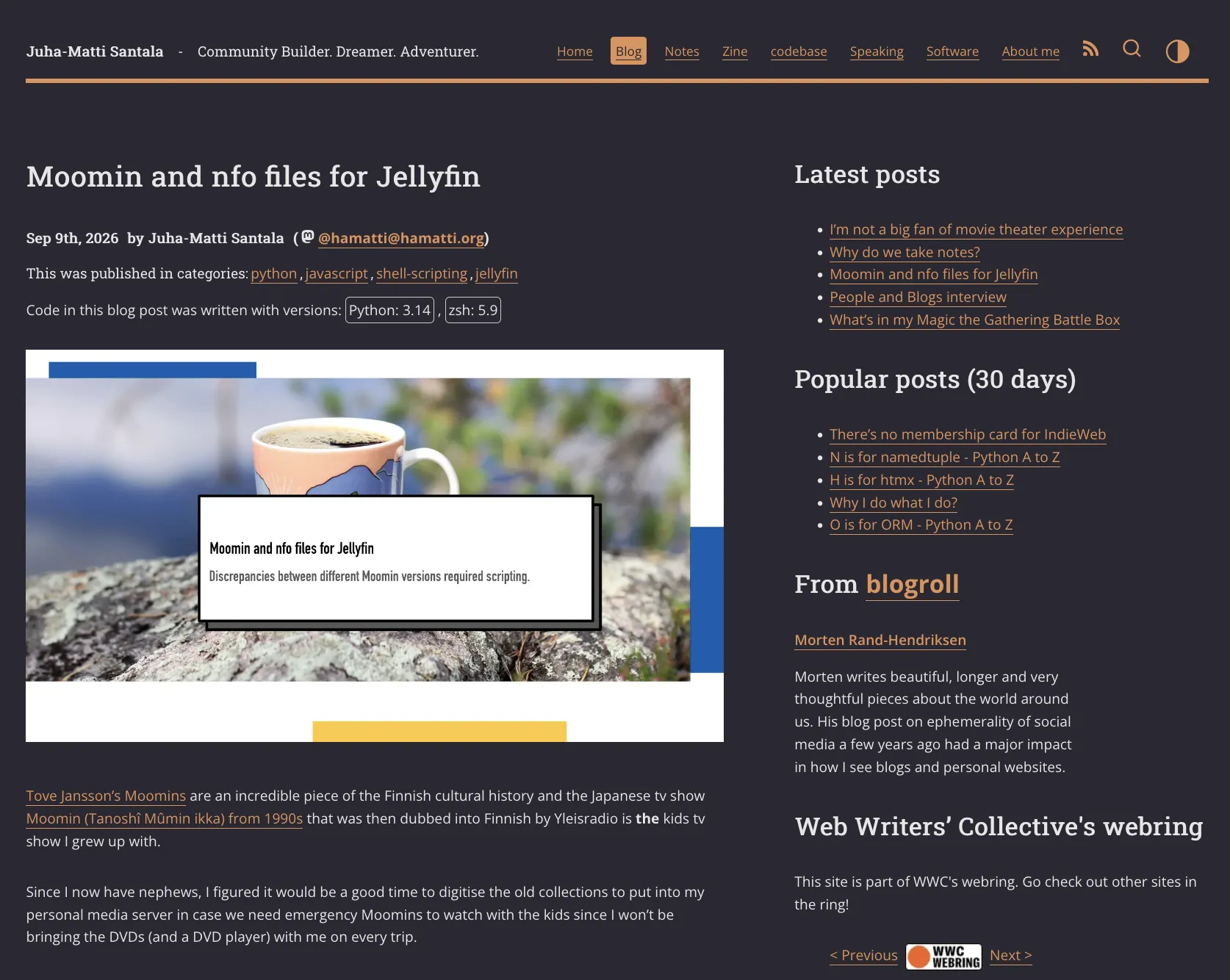 A screenshot of a blog post Moomin and nfo files for Jellyfin. The website has navigation bar at the top, blog
    article on the left and a secondary navigation on the side bar on the right. 
