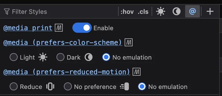 Screenshot zoomed into Firefox’s developer tool media query options with @media print toggled on. 