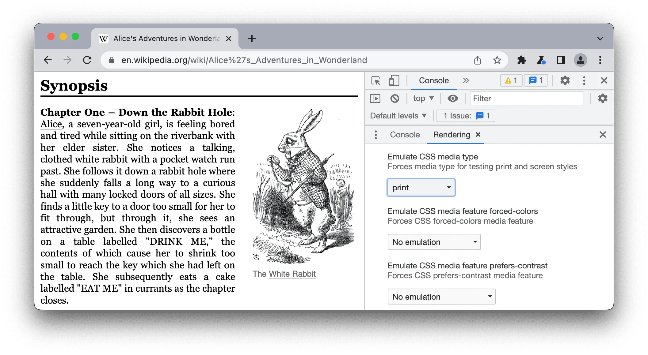 Screenshot of Google Chrome with CSS media type print selected in Rendering tab. 