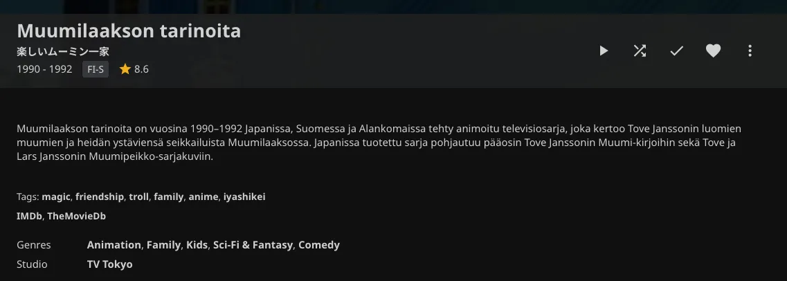 Screenshot of Jellyfin for Moomin with a Finnish title and plot information from the aforementioned nfo file as well as tags, genres and studio information that is not part of the nfo file. 
