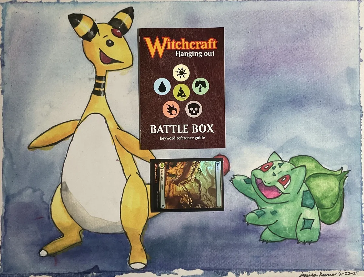 The Forest is tapped sideways and a booklet titled Battle Box keyword reference guide is played above it on the playmat.