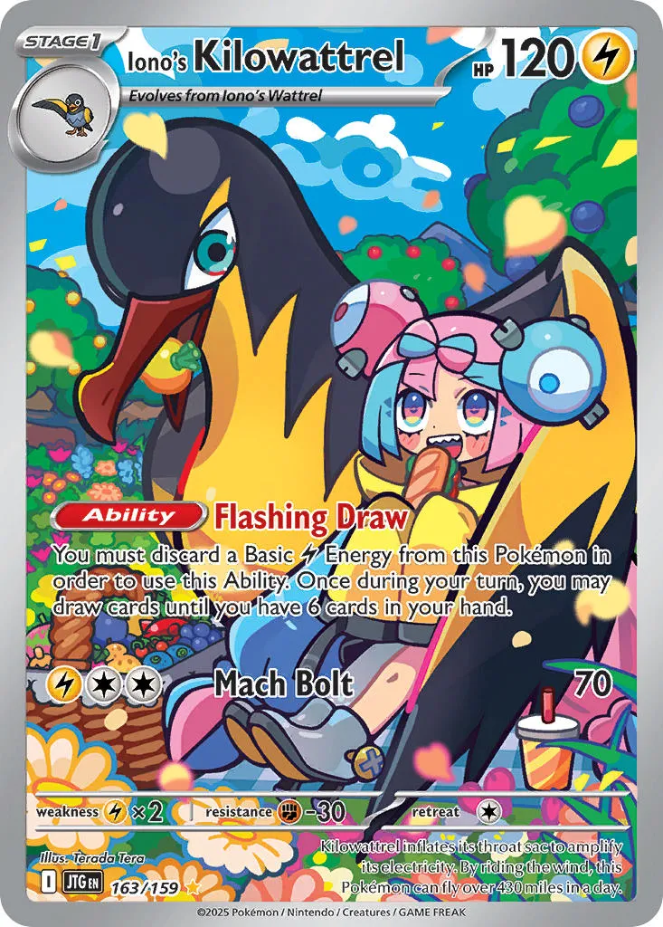 A full art Kilowattrel TCG card with Iono sitting under Kilowattrel's wing.