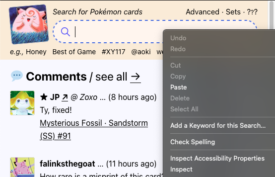 PkmnCards website with context menu opened on the search field. Shows “Add a Keyword for this Search…” as one option. 