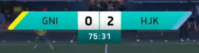 Scoreboard for GNI vs HJK in Veikkausliiga broadcast showing that GNI plays in yellow and HJK in light blue.