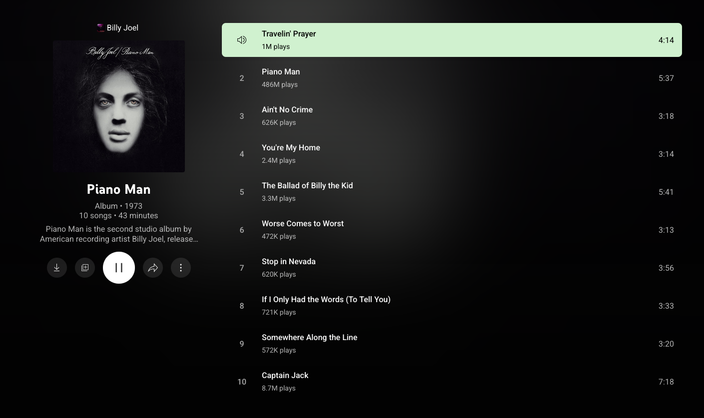 Youtube Music showing Billy Joel’s Piano Man album and the first song Travelin’ Prayer is highlighted with a lime green background.
