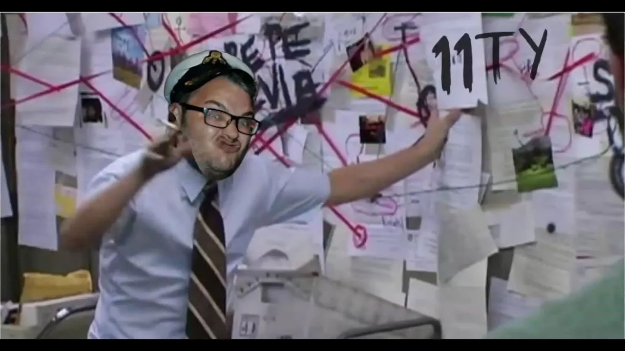 Pepe Silvia meme from Always Sunny in Philadelphia where Charlie Kelly is standing next to a wall filled with papers and red lines going from one to another. Charlie’s face has been replaced with Robb’s. 