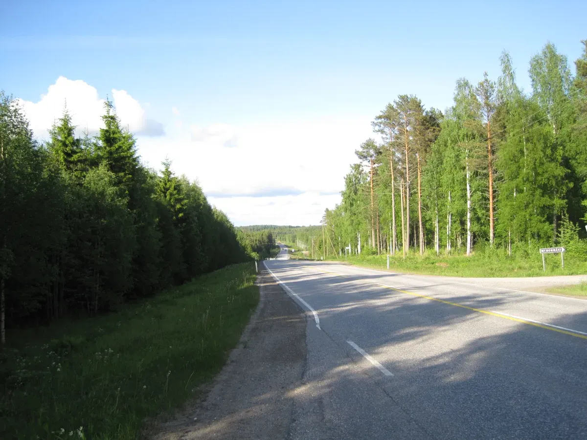 Finnish countryside on a beautiful summer day. The focus is on a road going towards the horizon in the middle, leaning downwards as it goes. On both sides of the street, there’s lush green forestry and in the sky a few white clouds float on a blue summer sky. 