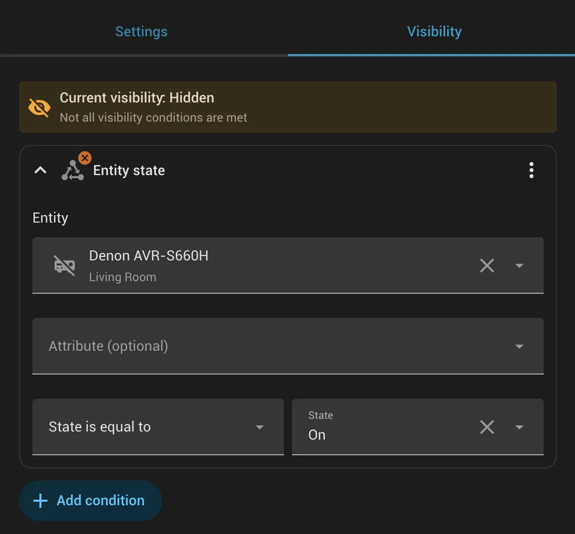 Home Assistant section Visibility settings. A section is visible if Denon AVR in Living room is on. 