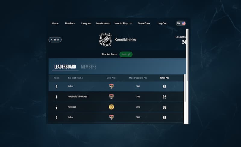 NHL Bracket Challenge UI as a small box in large window with four participants in view 