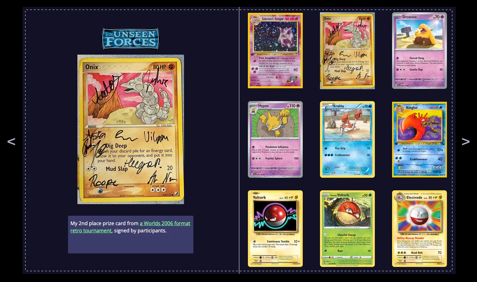 A web ui that mimics a card binder showing 9 Pokemon cards from Sabrina's Gengar to Electrode. On the left page of the binder, a Onix card is selected and shown as full page size with a custom note sharing it was a prize from a retro tournament.