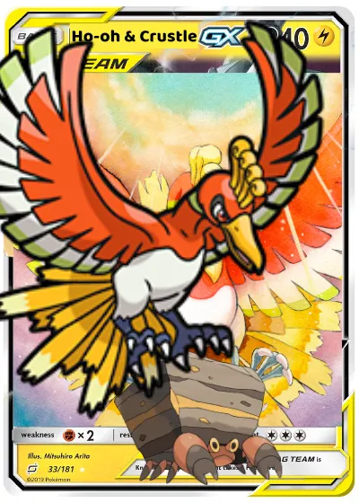 A haphazardly photoshopped Pokemon card where I've slapped Ho-oh and Crustle arts on top of a Pikachu and Zekrom Tag Team GX card and changed its name to Ho-oh & Crustle 
