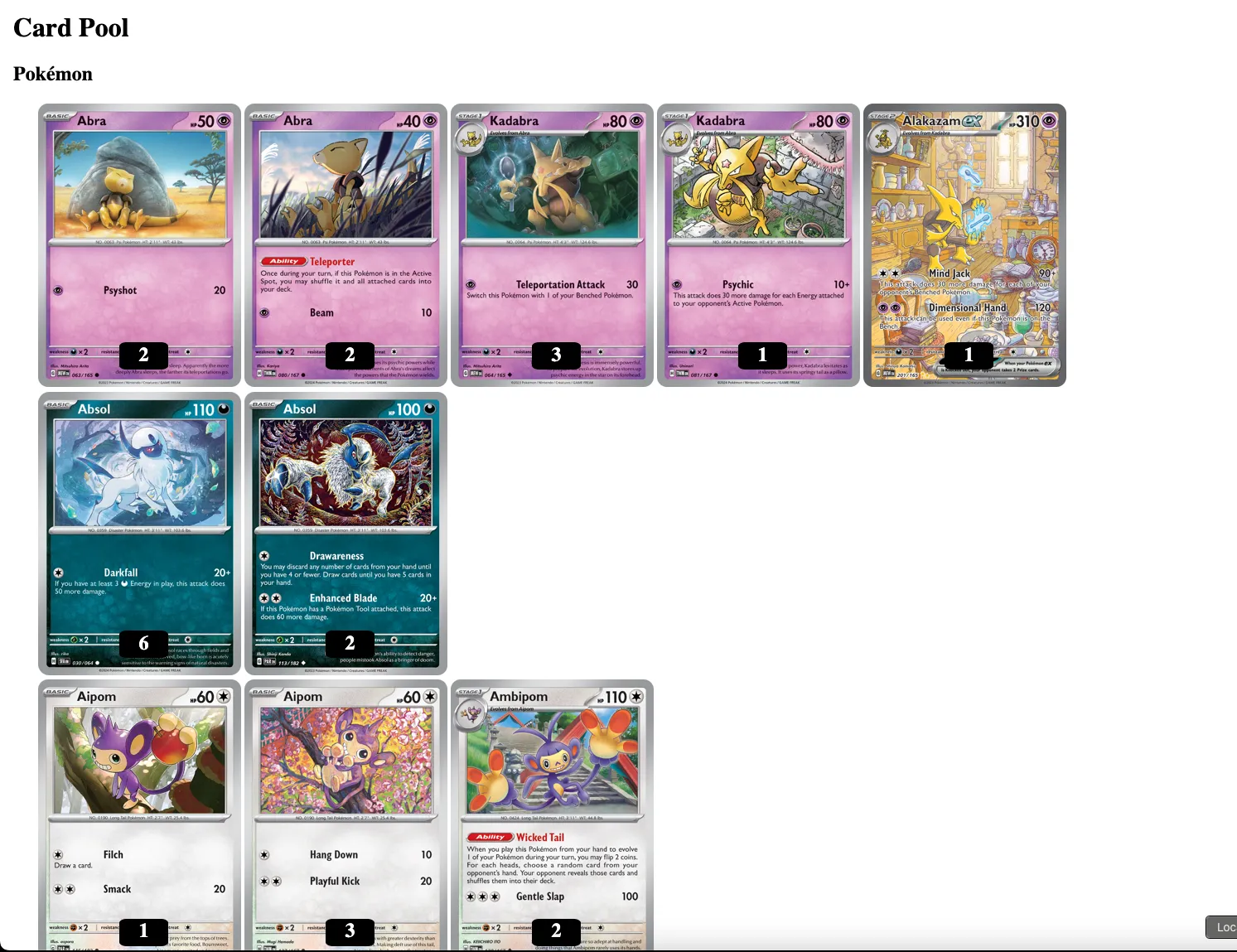 Screenshot of a web page displaying three lines of Pokemon TCG cards: Abra, Absol and Aipom with varied counts of different cards. 