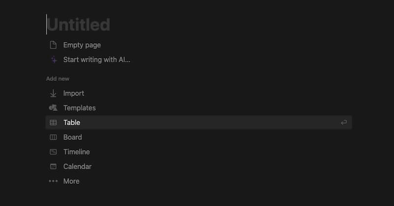 New empty page in Notion with Table template highlighted 