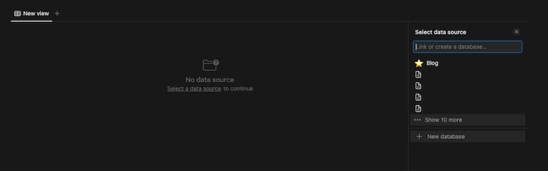 Notion new Table page with no data source set 