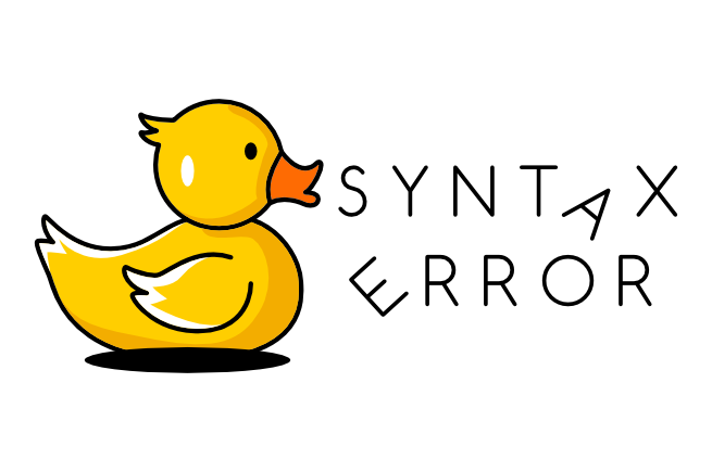 Syntax Error's logo with an illustrated yellow rubber duck with a distressed face and text Syntax Error next to it