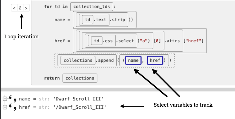 A closeup on birdseye debugger with two expressions, name and href selected and their values visible at the bottom of the screen. Loop iteration is 2.