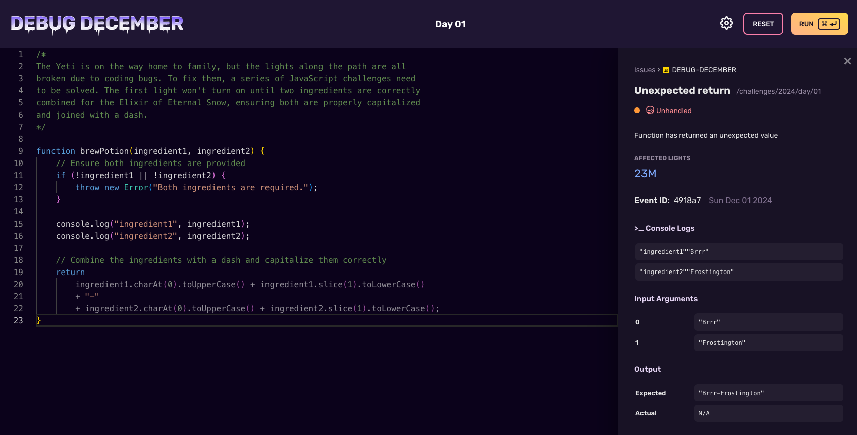 A Debug December puzzle with a code editor on left and a debugging panel on the right