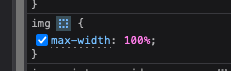 Screenshot of CSS styles in Dev Tools with img selector and highlight option checked