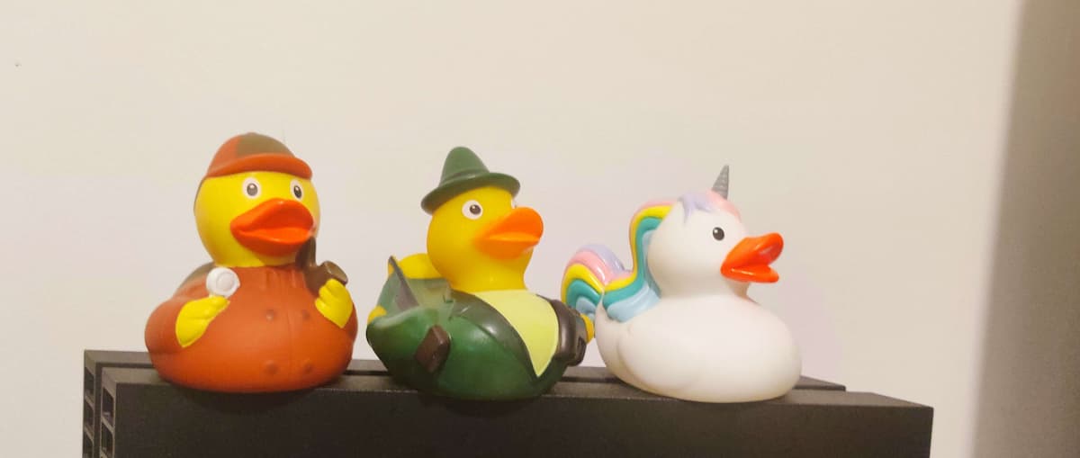 Three rubber ducks on a stand. On the left, a detective themed duck, on them middle, an ornithologist and on the right, a unicorn duck