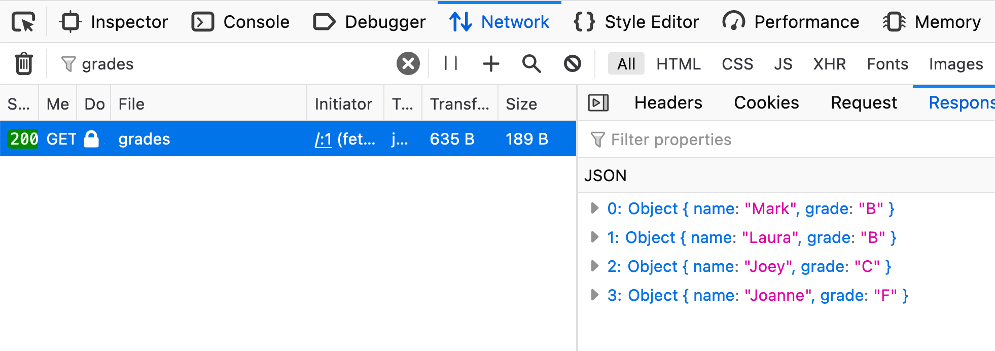 Network tab with a request returning a JSON with four students and their grades