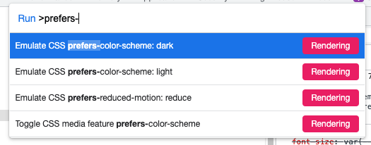 Screenshot of Chrome Dev Tools command menu with "prefers-" query entered