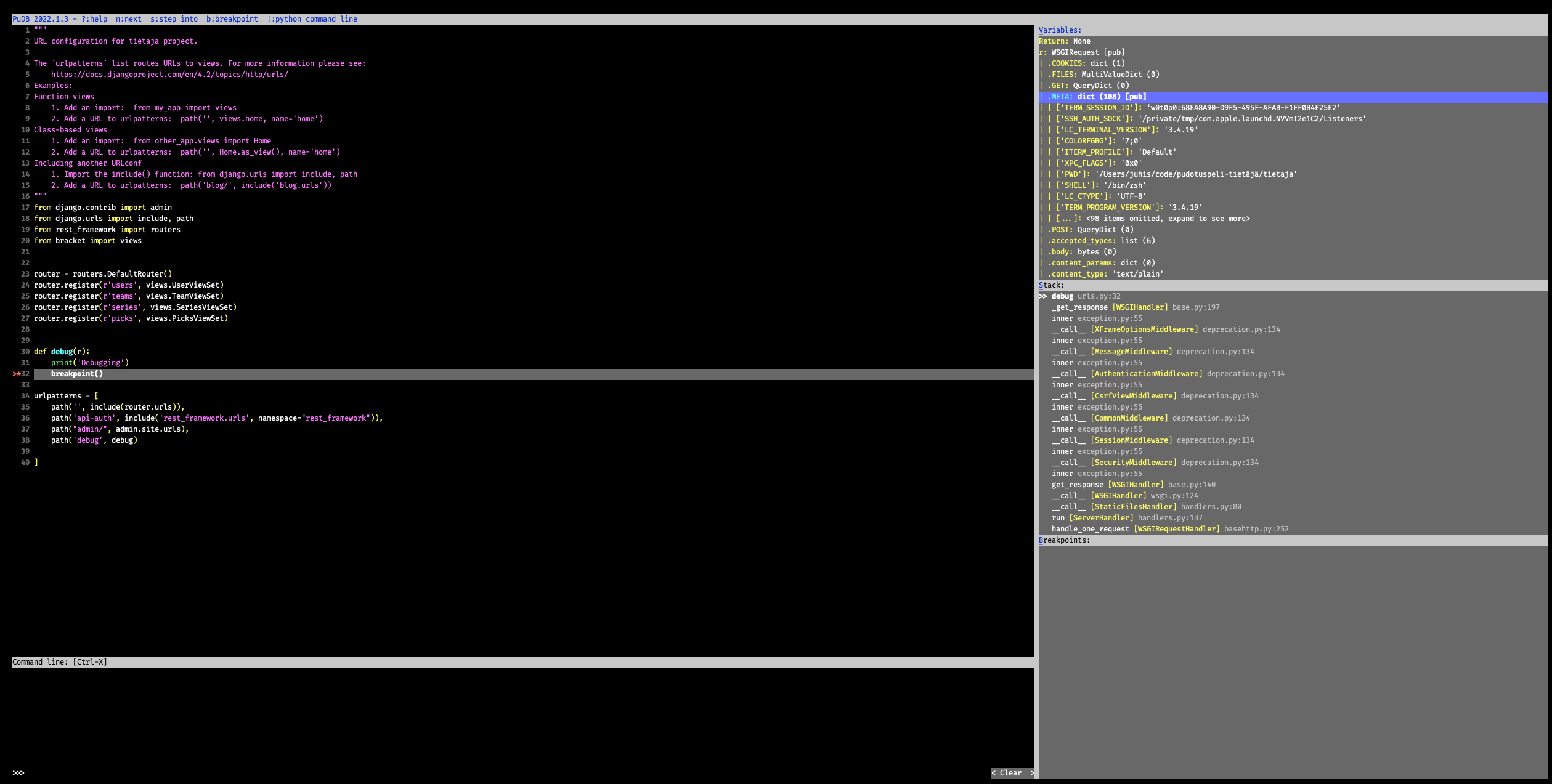 PuDB debugger open in the terminal with five panes: code, variables, stack, breakpoints and command line. A breakpoint is active.