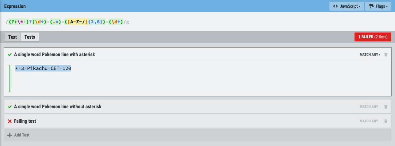 Screenshot of RegExr's expression and tests section with a pattern, two passing tests and one failing test