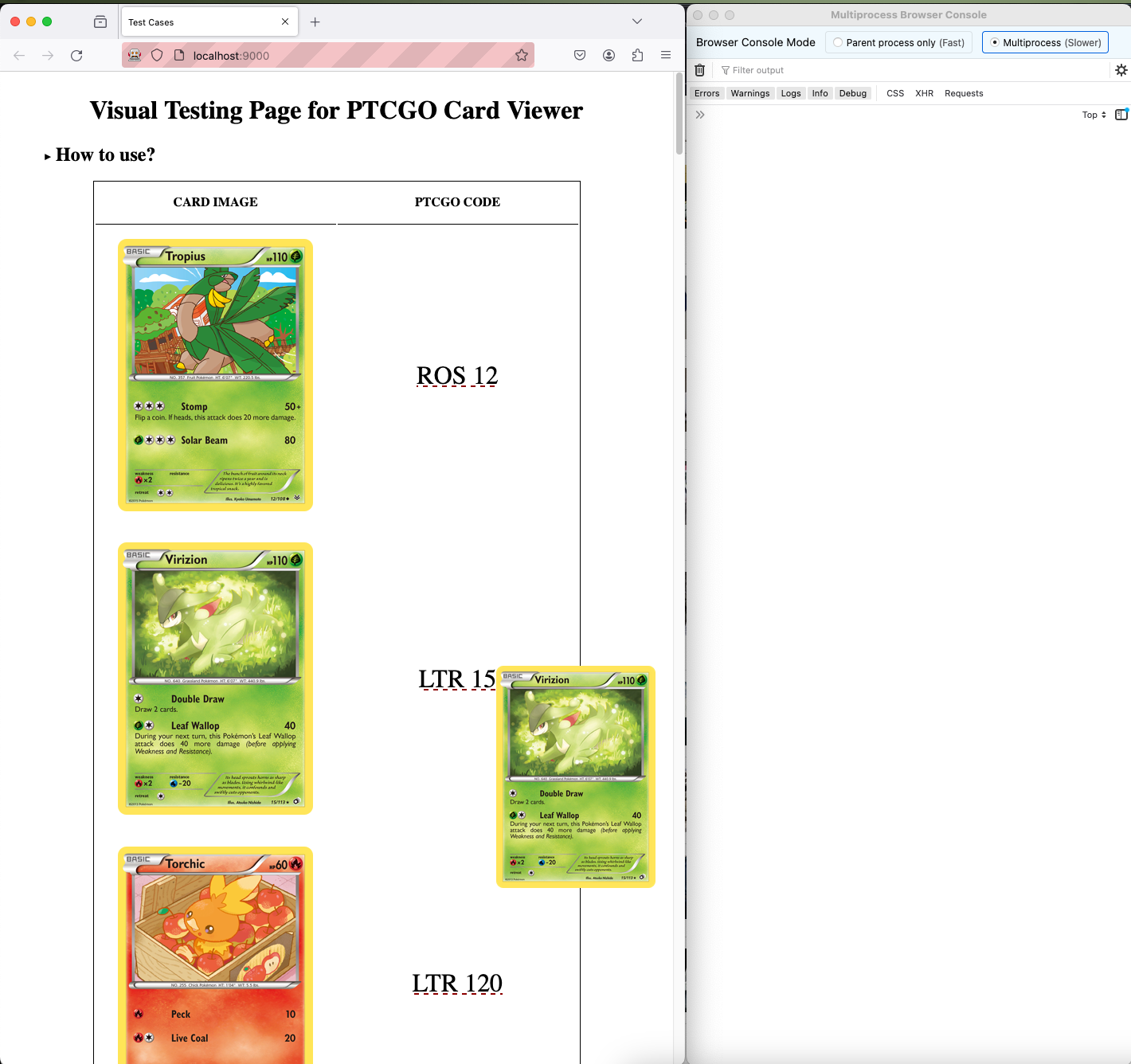 A browser window with a table of images of Pokemon cards and a mouse hovering over a text, showing another image next to the cursor.