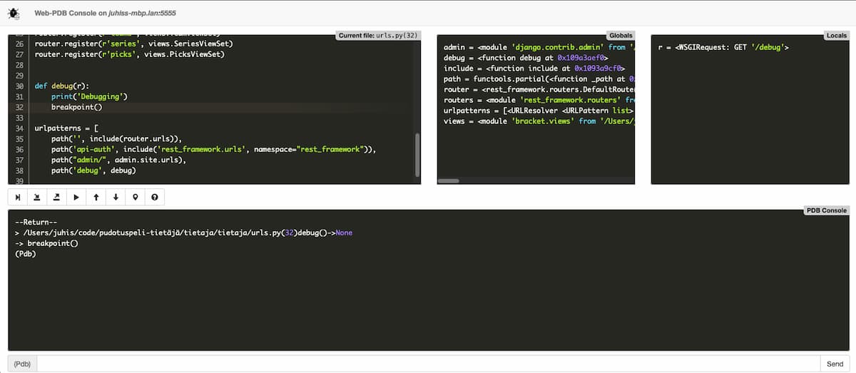 web-pdb debugger active on a browser with four panes: code, globals, locals and pdb console