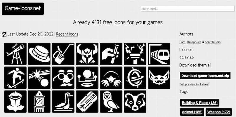Screenshot of game-icons.net front page